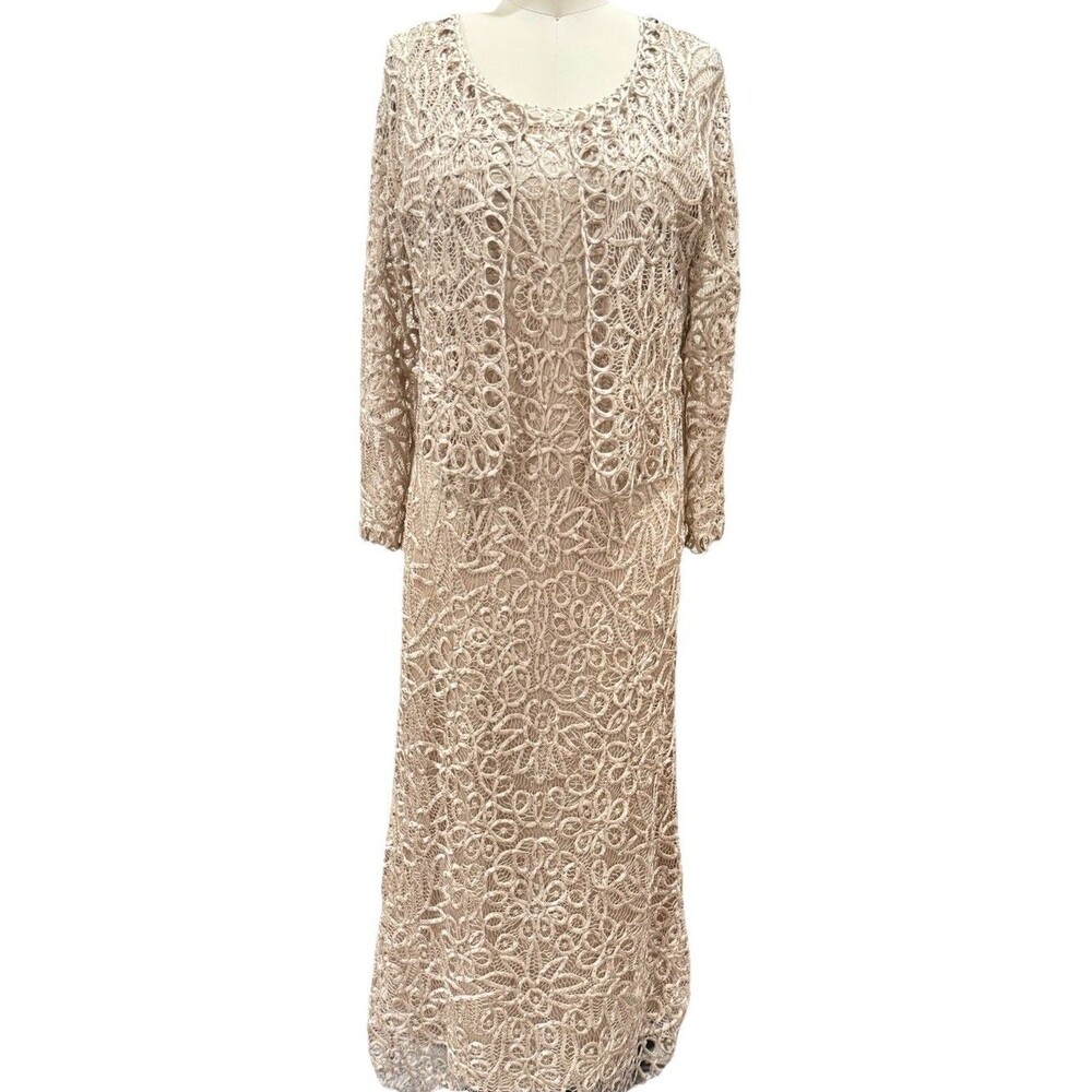 Soulmates 100% Silk Crochet Dress Jacket Set Sz M Beige Champagne Beaded EUC